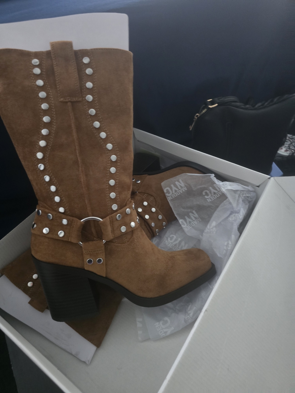 Brown Suede Studded Mid-Calf Heeled Boots with Harness Detail